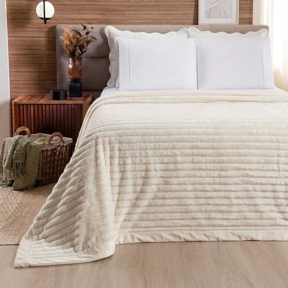 Cobertor canelado na cor off white sobre a cama